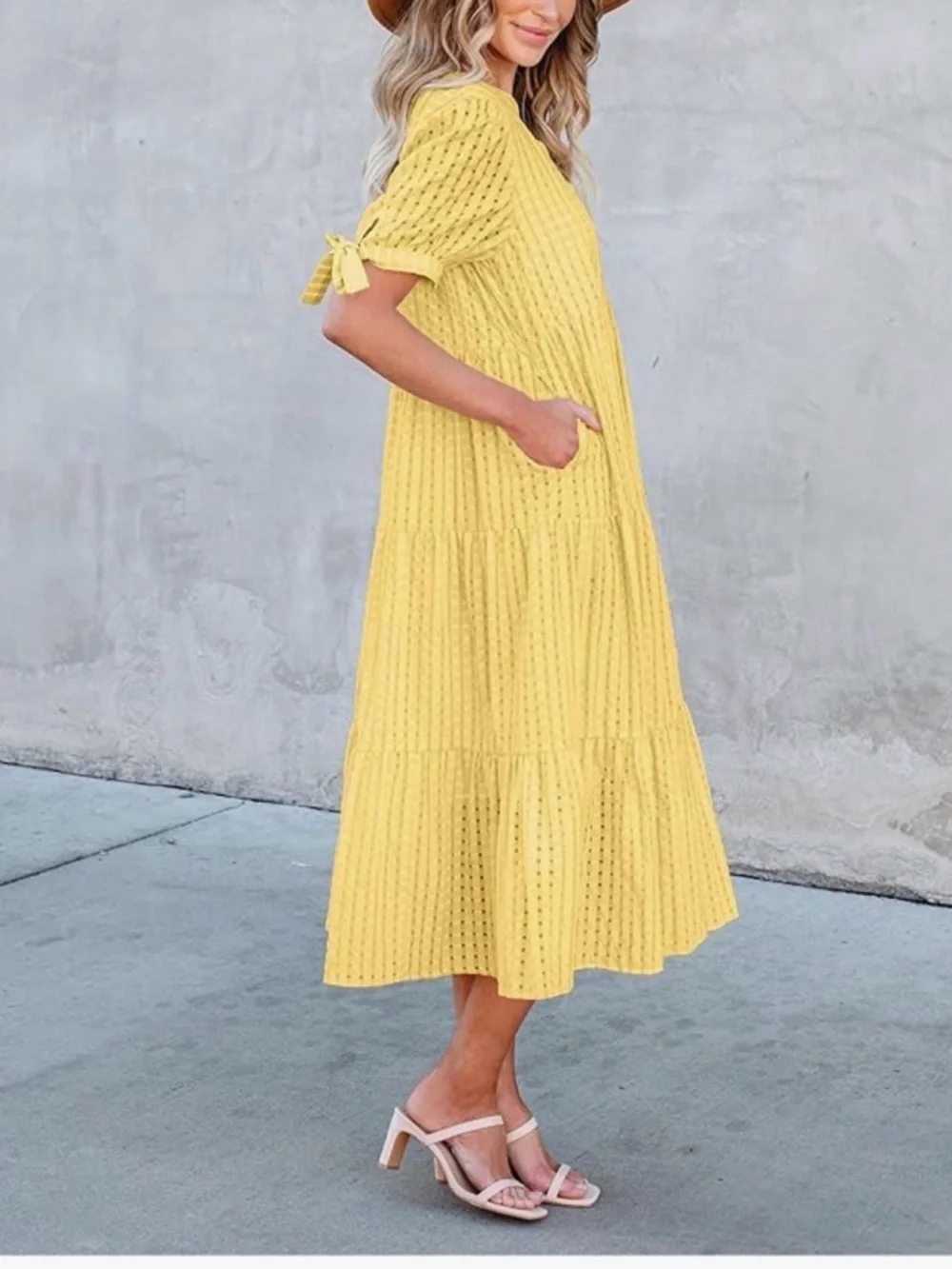 NWT Yellow Lightweight Tiered Eyelet Midi Dress-S - Picture 14 of 17